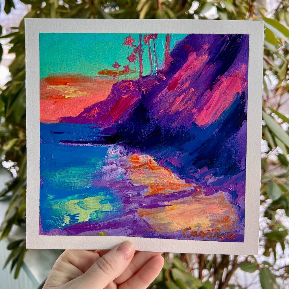 Malibu Beach Original Oil Painting Vibrant Purple Pink Decor Fine Art Challenge
